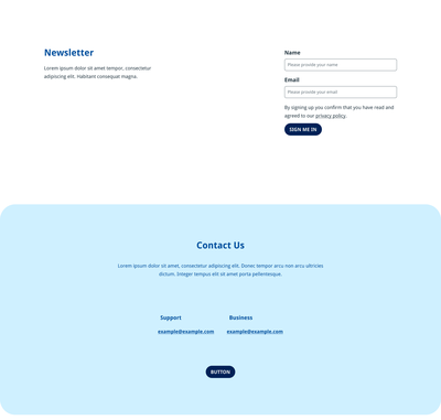 Newsletter and contact section themed in blue