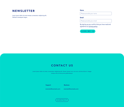 The same newsletter and contact section themed in cyan