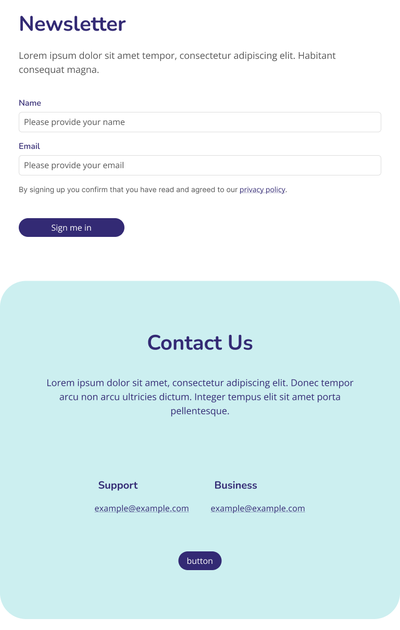 The same newsletter and contact section in a light theme